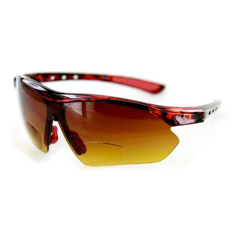 Daredevil Fashion Bifocal Sunglasses with Wrap-Around Sports Design and Anti-Glare Coating for Youthful and Active Men (Tortoise + Red w/ Amber +1.50)
