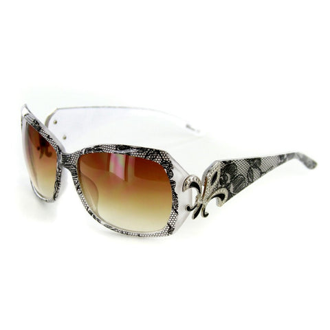 Baton Rouge 1226 Women's Designer Sunglasses with Stylish Patterned Frames with Fleur de Lis Emblem and Large Lenses (Black Lace + Amber