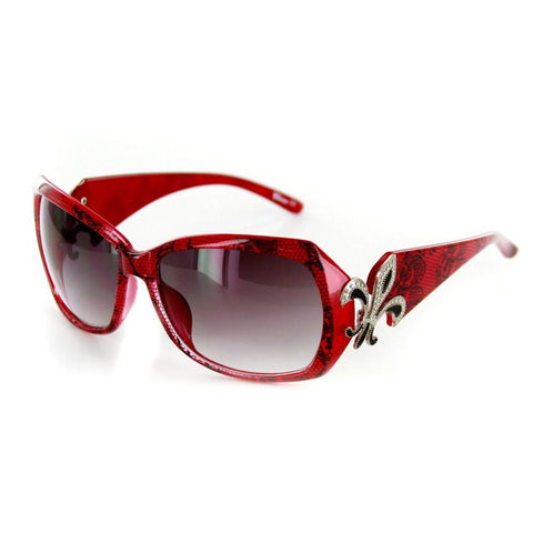 Baton Rouge 1226 Women's Designer Sunglasses with Stylish Patterned Frames with Fleur de Lis Emblem and Large Lenses (Red Lace + Smoke)
