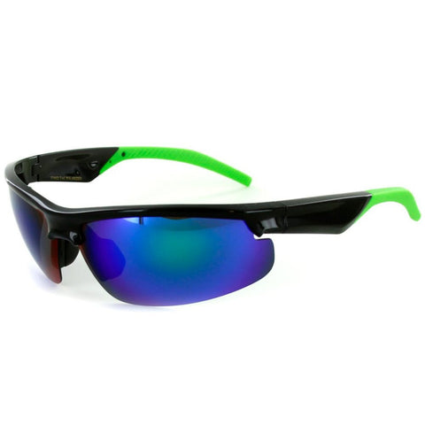 Power Sport X570022 Polarized Wrap Around Sports Sunglasses with Mirror Lens (Black/Green w/ Blue Revo)